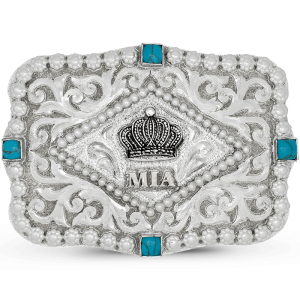 A custom silver and turquoise belt buckle for women featuring a queen crown figure, scrolls, beads and berries 